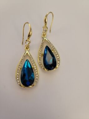 Gold Teardrop Earrings with Deep Blue Crystal